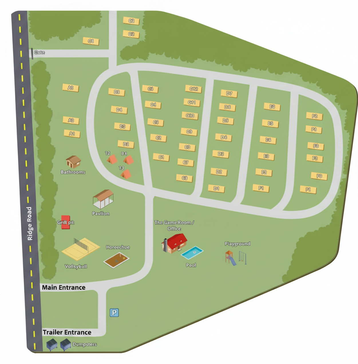 Campsite layout map with labeled areas.
