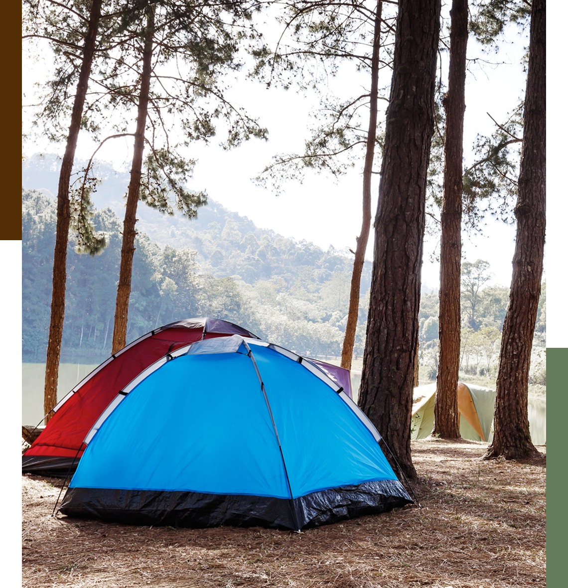 Blue tent among trees near a lake.