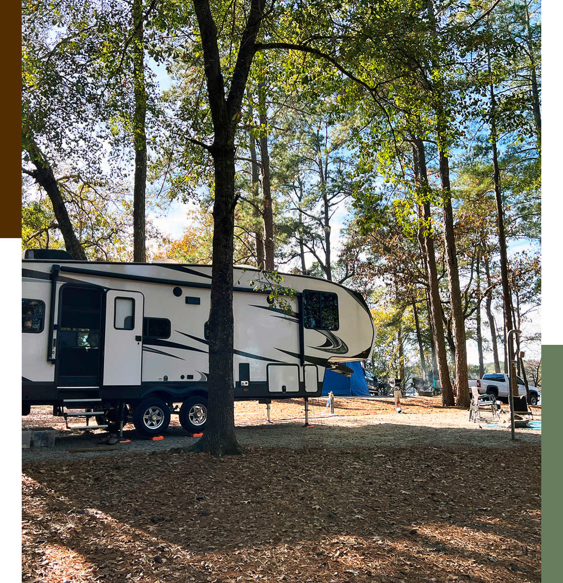RV parked in a wooded campsite.